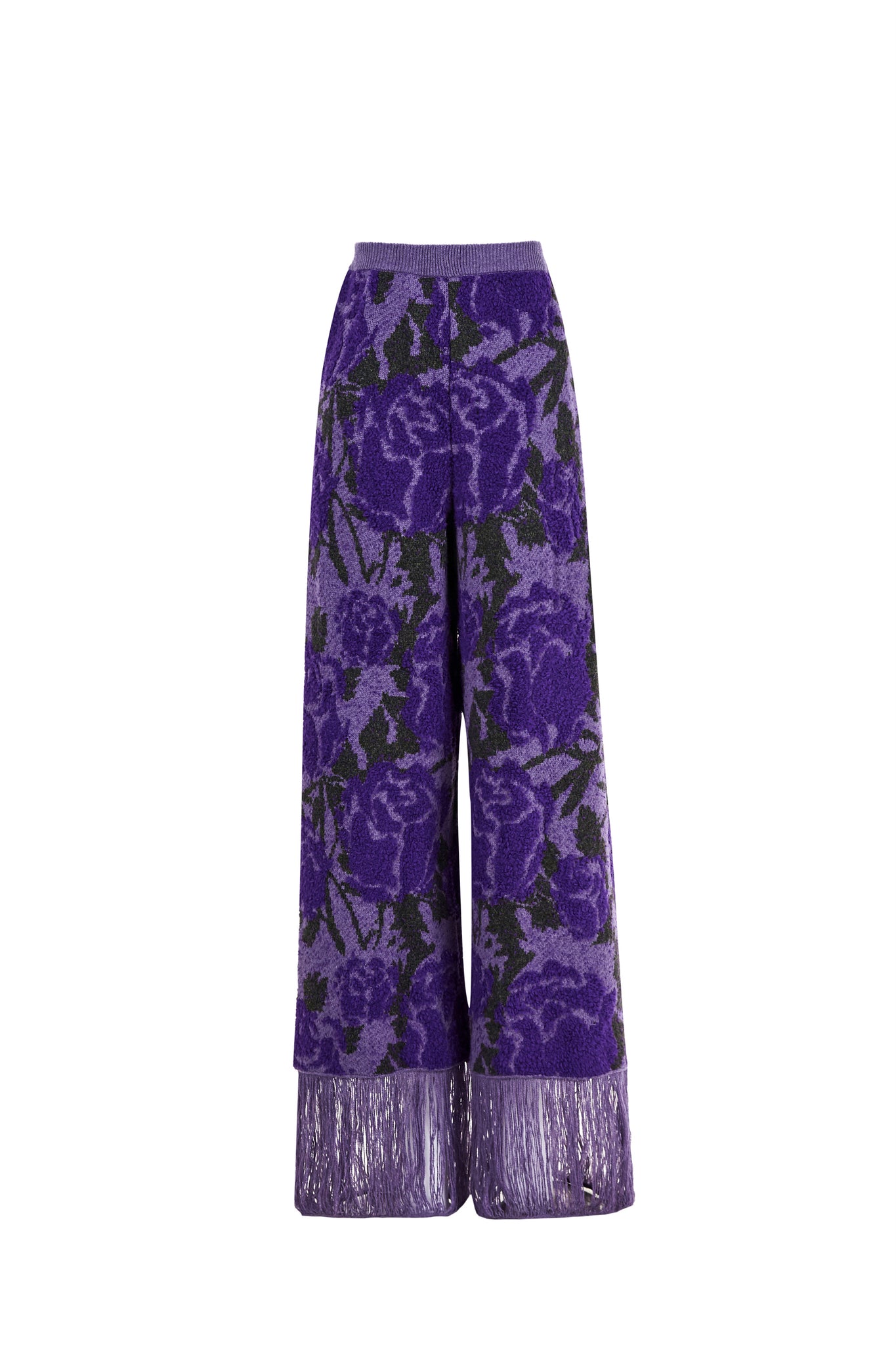 MIAOYAN24 autumn and winter purple knitted three-dimensional jacquard round neck tassel wide-leg wool trousers