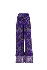 MIAOYAN24 autumn and winter purple knitted three-dimensional jacquard round neck tassel wide-leg wool trousers