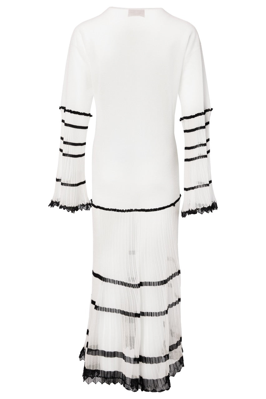 MIAOYAN25 Spring and Summer Green/White Knitted Splicing Buttoned Trumpet Sleeve Dress
