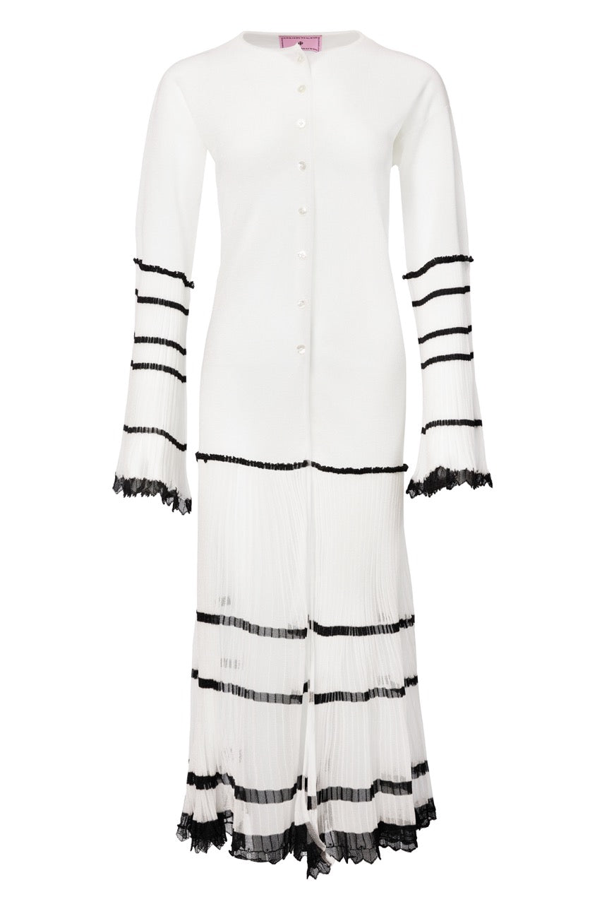 MIAOYAN25 Spring and Summer Green/White Knitted Splicing Buttoned Trumpet Sleeve Dress