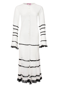MIAOYAN25 Spring and Summer Green/White Knitted Splicing Buttoned Trumpet Sleeve Dress
