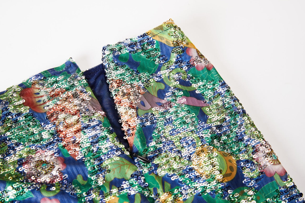 MIAOYAN25 Spring and Summer Green Butterfly Sequin Print Suspender Skirt