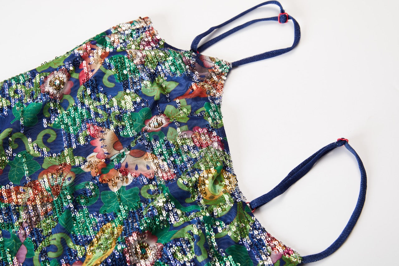 MIAOYAN25 Spring and Summer Green Butterfly Sequin Print Suspender Skirt