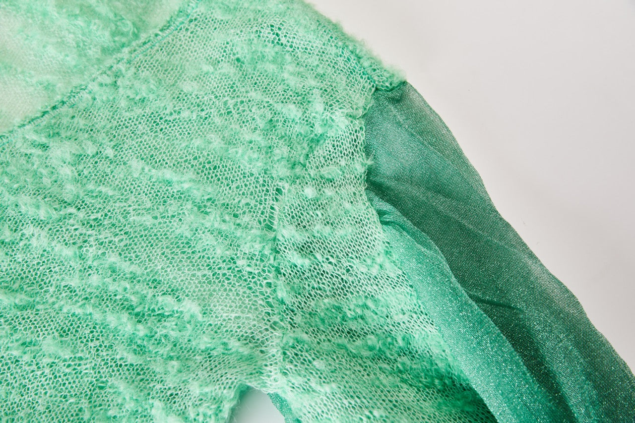 MIAOYAN25 Spring and Summer Green Knitted Mohair Button-Down Top with Spliced Sleeves