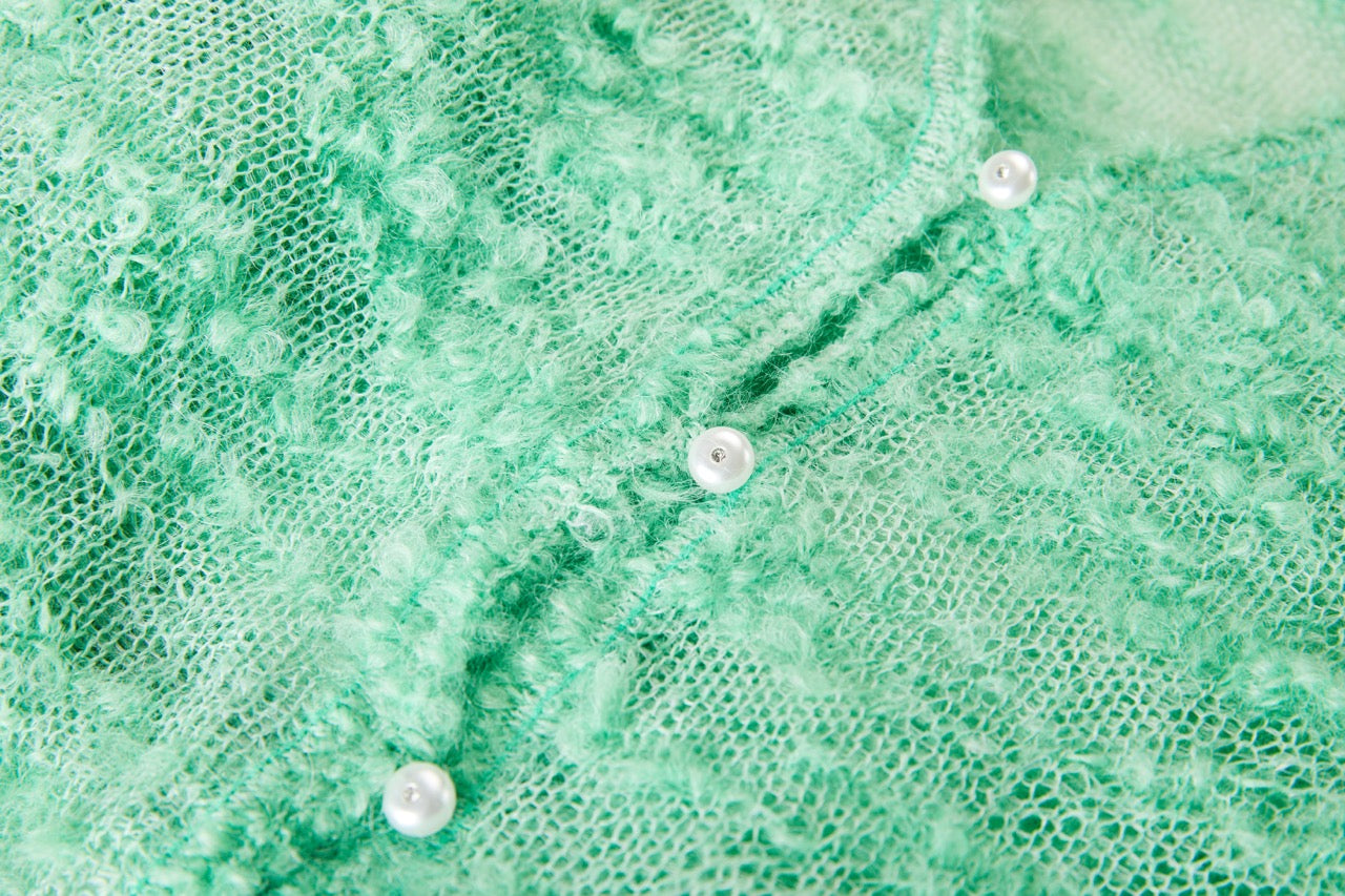 MIAOYAN25 Spring and Summer Green Knitted Mohair Button-Down Top with Spliced Sleeves