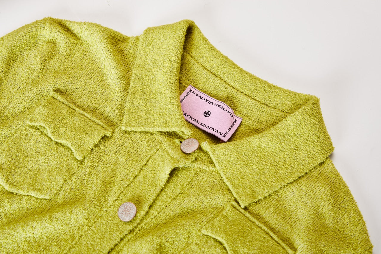 MIAOYAN25 Spring and Summer Apple Green Knitted Lapel Cardigan Top