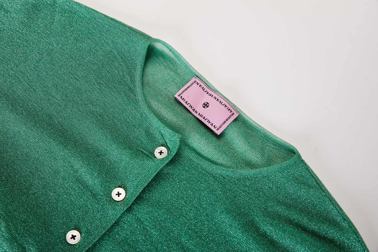MIAOYAN25 Spring and Summer Green/White Knitted Splicing Buttoned Trumpet Sleeve Dress