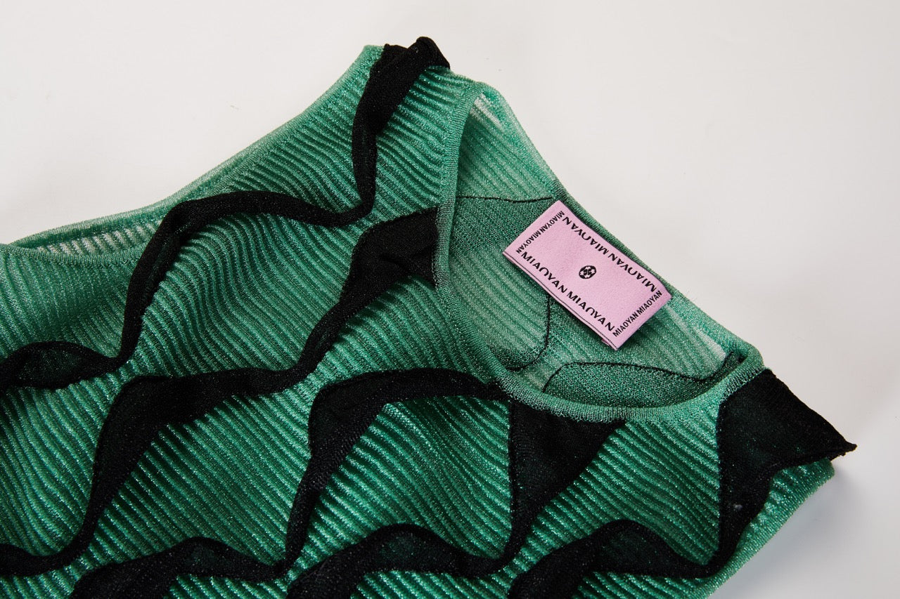 MIAOYAN25 Spring and Summer Green Knitted Three-Dimensional Twisted Flower Pleated Slanted Tail Dress