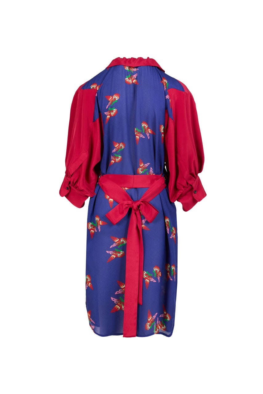 MIAOYAN25 Spring and Summer Silk Splicing Doll Collar Drop Shoulder Lantern Sleeve Dress