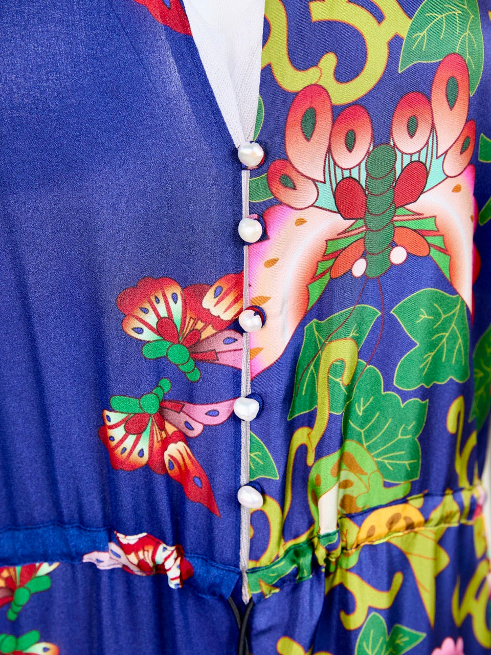 MIAOYAN25 Spring and Summer Knitted Splicing Butterfly Print Silk Round Neck Long Dress