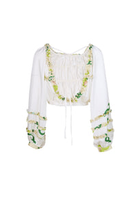 MIAOYAN25 Spring and Summer Silk Print Art Striped Lantern Sleeve Elastic Waist Top