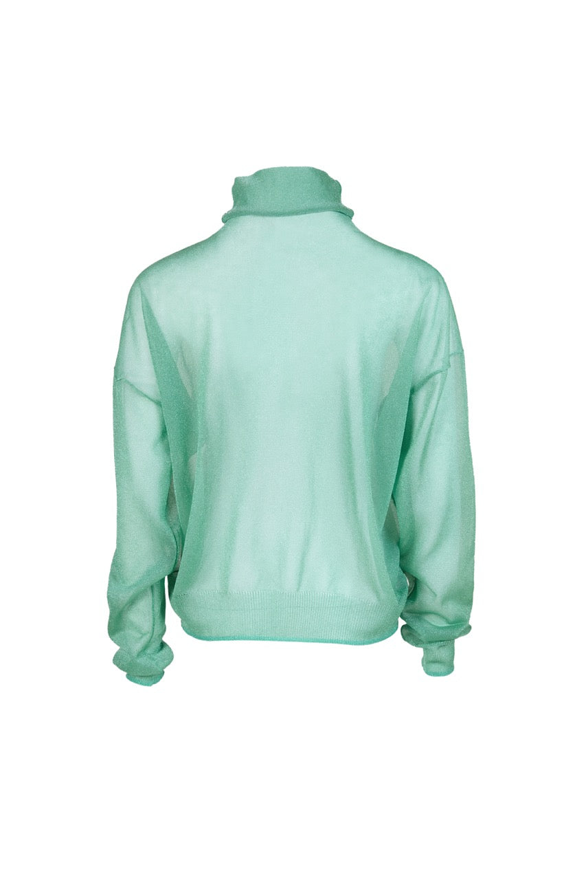 MIAOYAN25 Spring and Summer Peacock Green/Black/White Knitted Semi-Perspective Turtleneck Top