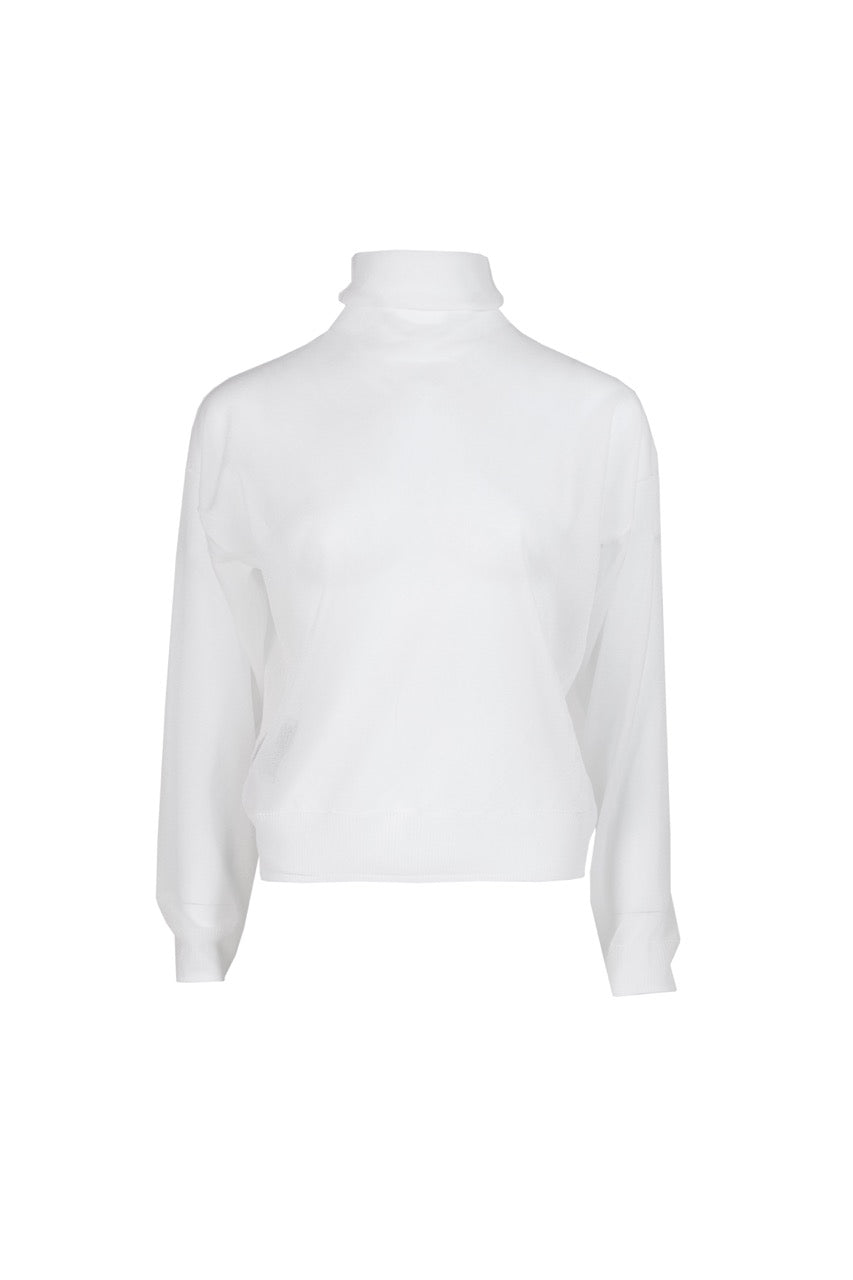 MIAOYAN25 Spring and Summer Peacock Green/Black/White Knitted Semi-Perspective Turtleneck Top