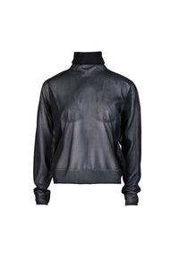 MIAOYAN25 Spring and Summer Peacock Green/Black/White Knitted Semi-Perspective Turtleneck Top
