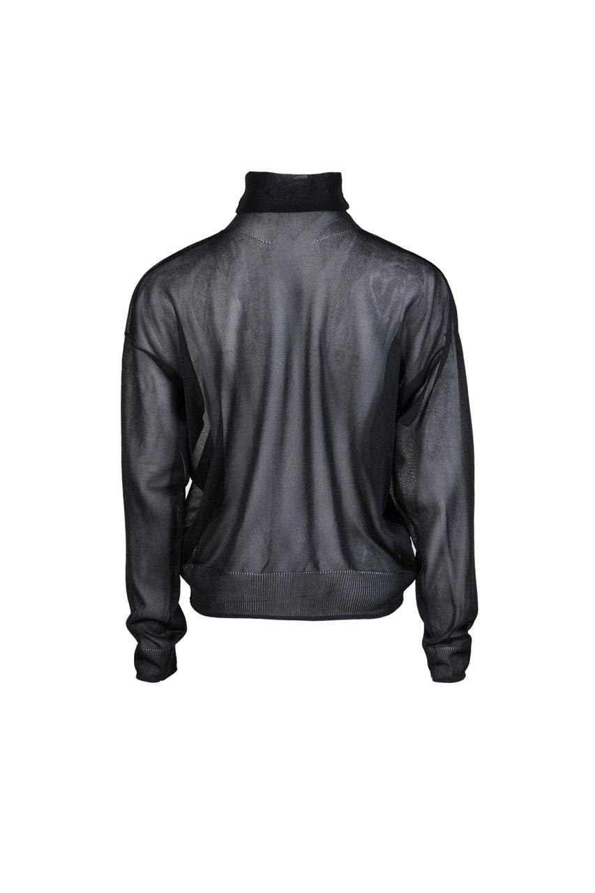 MIAOYAN25 Spring and Summer Peacock Green/Black/White Knitted Semi-Perspective Turtleneck Top