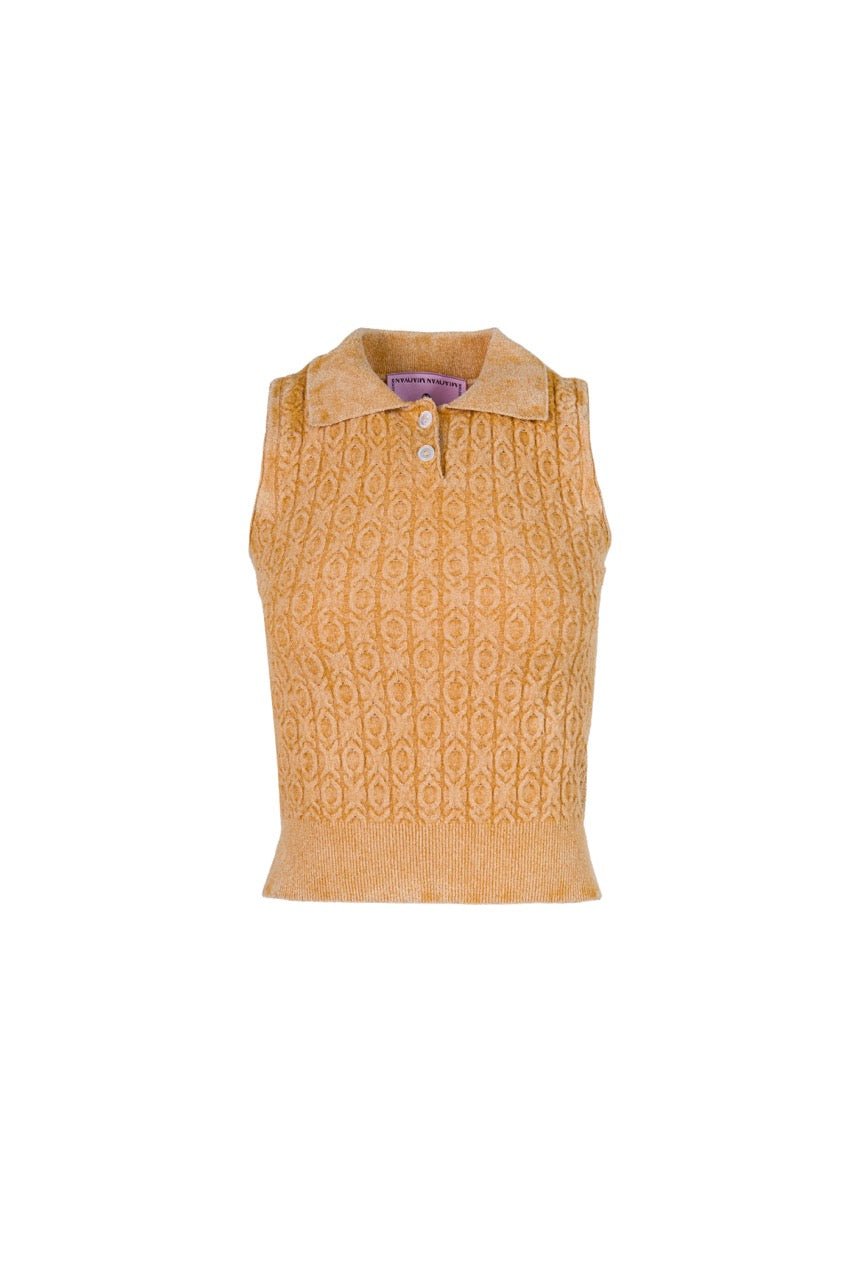 MIAOYAN25 Spring and Summer Orange/Gray/Red Washed Knitted Sleeveless Lapel Top