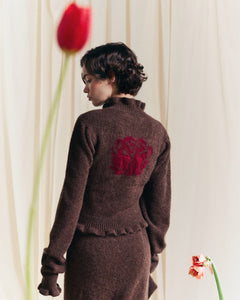 MIAOYAN24 autumn and winter camel knitted jacquard wave flower collar waist short sweater