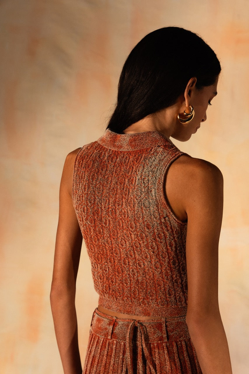 MIAOYAN25 Spring and Summer Orange/Gray/Red Washed Knitted Sleeveless Lapel Top
