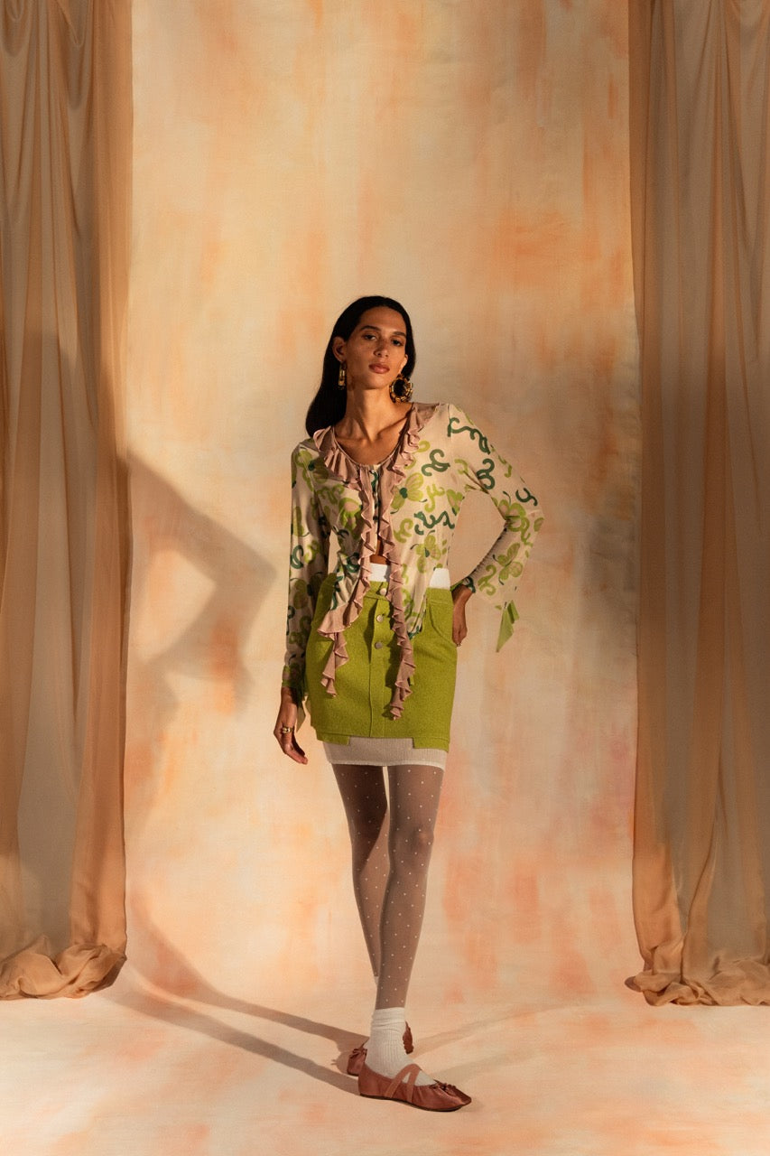 MIAOYAN25 Spring and Summer Apple Green Knitted Double-Layer Slim Skirt