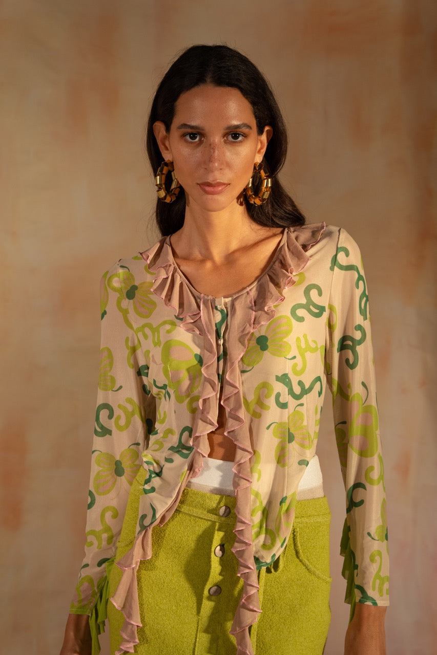 MIAOYAN25 Spring and Summer Vine Elastic Mesh Print Buttonable Twisted Flower Top