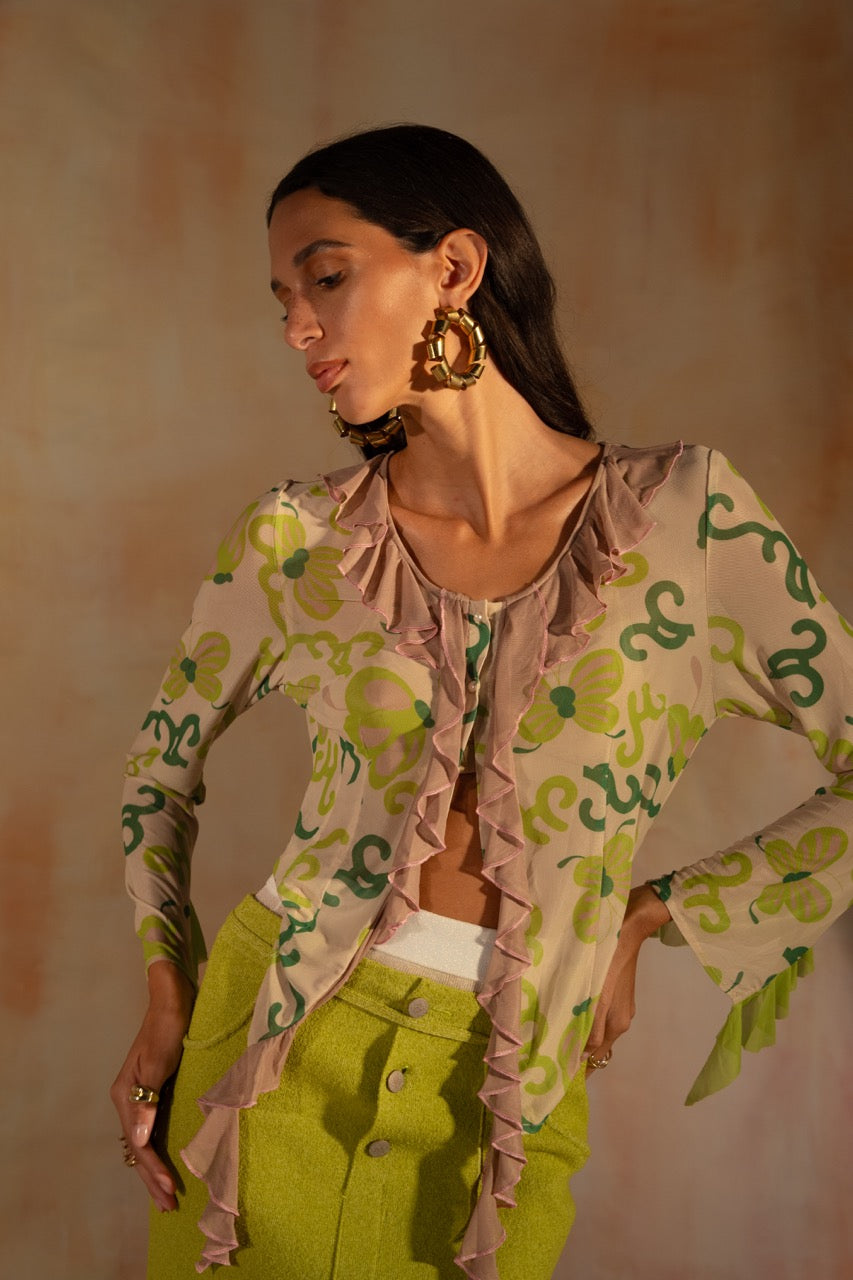 MIAOYAN25 Spring and Summer Vine Elastic Mesh Print Buttonable Twisted Flower Top