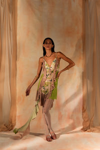 MIAOYAN25 Spring and Summer Splicing Printed Twisted Ribbon Suspender Dress