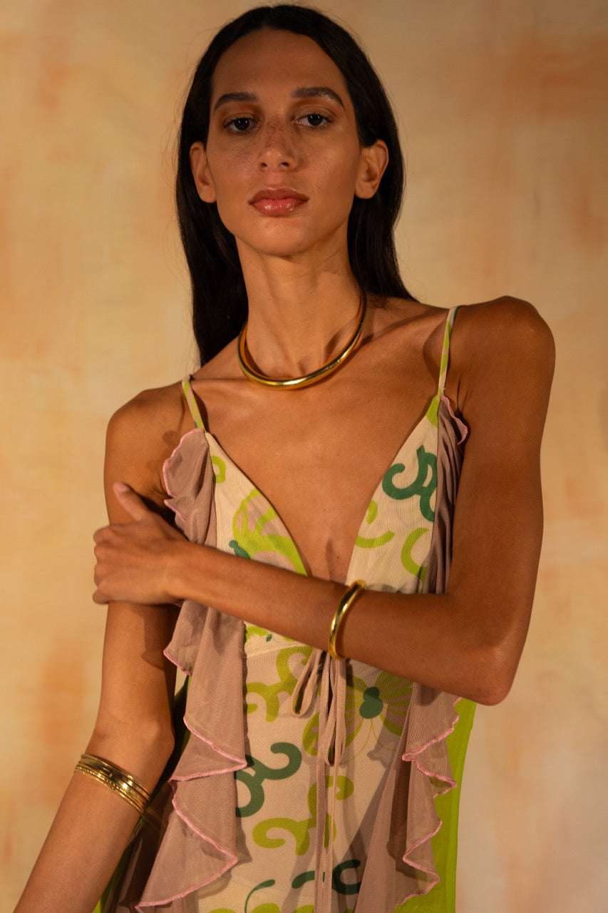 MIAOYAN25 Spring and Summer Splicing Printed Twisted Ribbon Suspender Dress