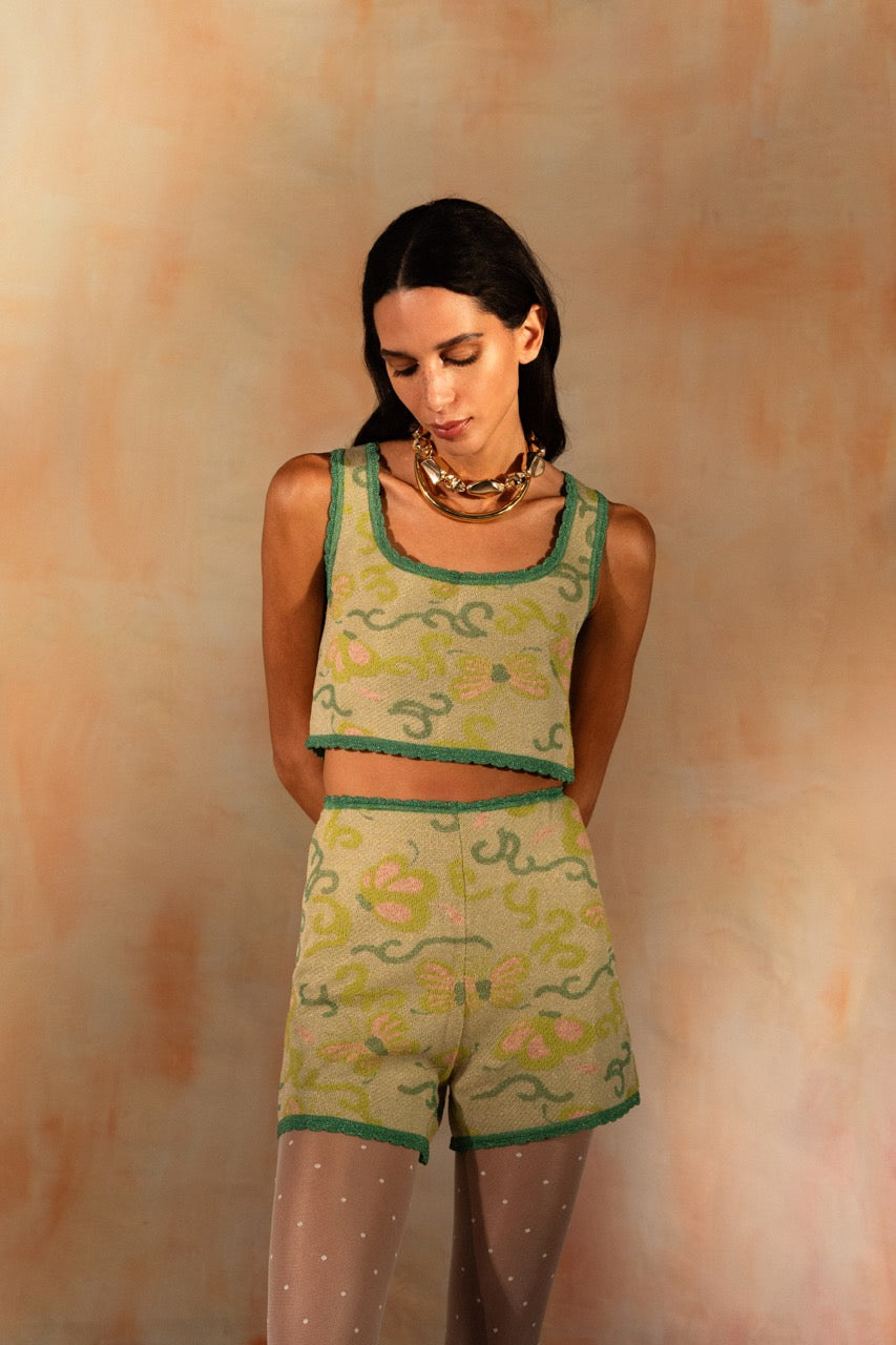 MIAOYAN25 Spring and Summer Green Splicing Knitted Printed Square Neck Suspender Top