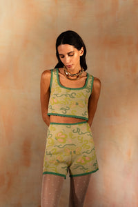 MIAOYAN25 Spring and Summer Green Splicing Knitted Printed Square Neck Suspender Top