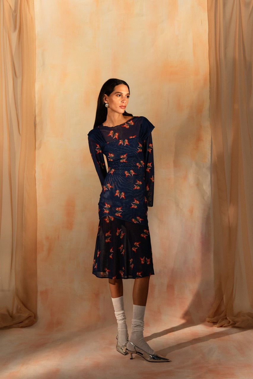 MIAOYAN25 Spring and Summer Original Butterfly Printed See-through Elastic Mesh Long Sleeve Top