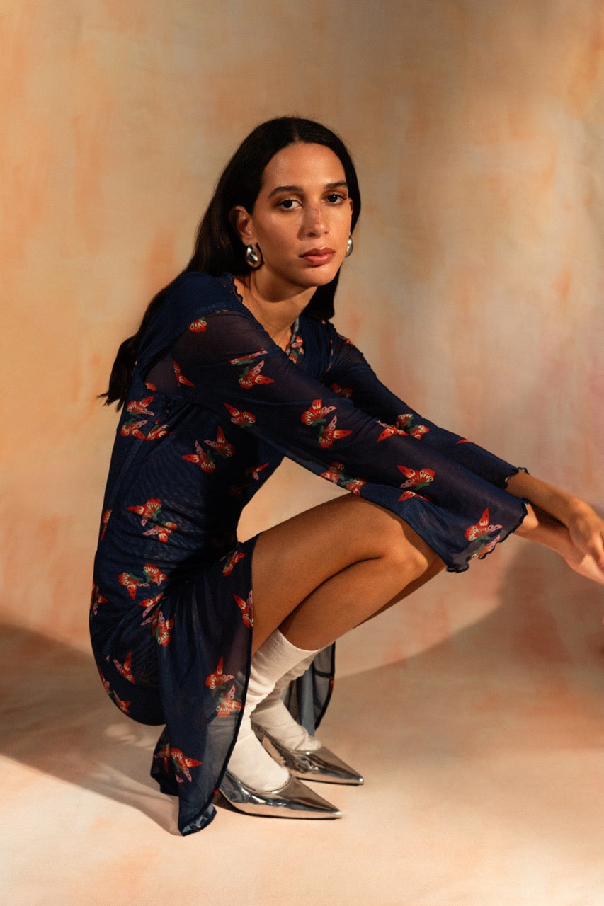 MIAOYAN25 Spring and Summer Original Butterfly Printed See-through Elastic Mesh Long Sleeve Top