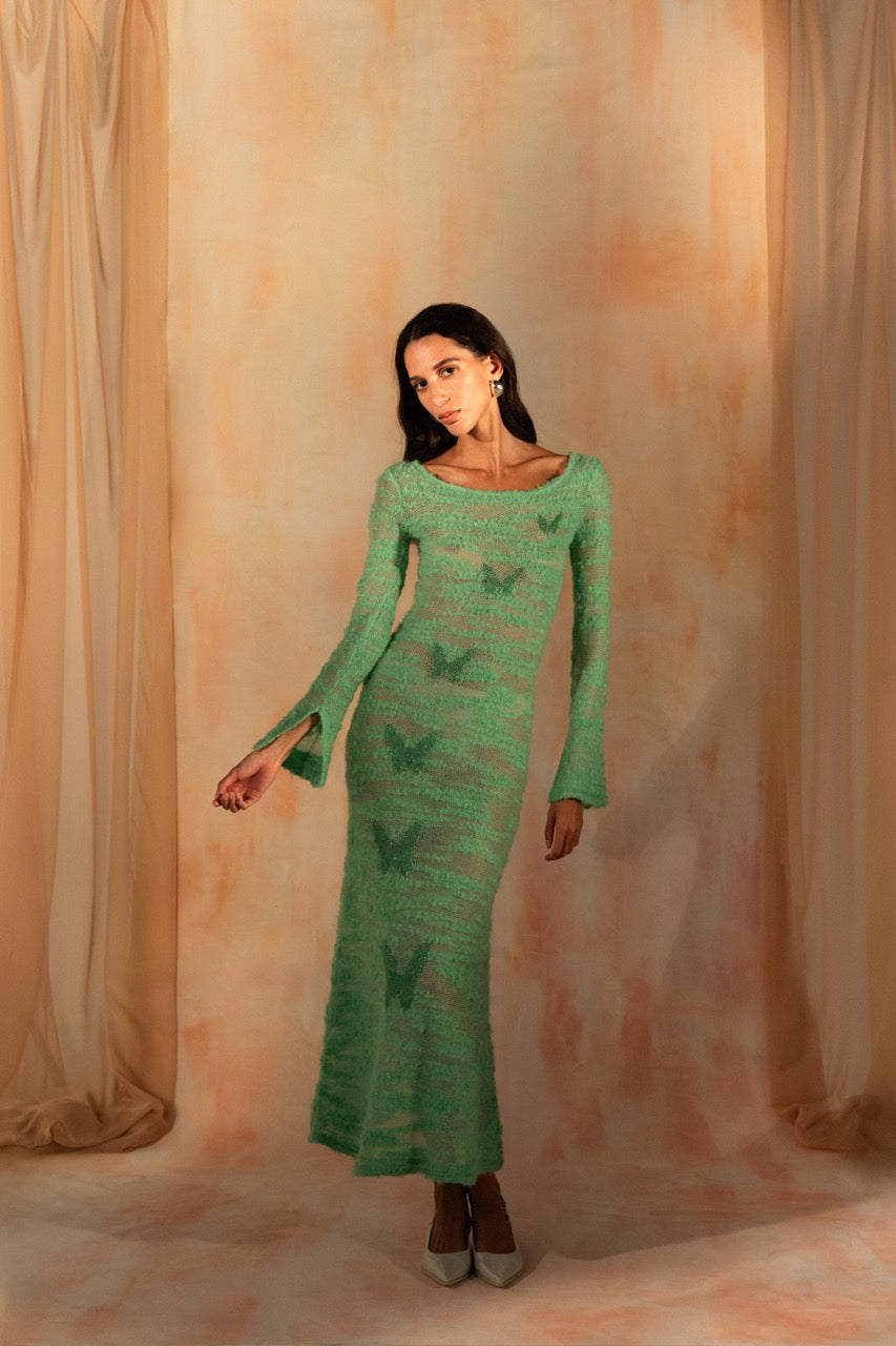 MIAOYAN25 Spring and Summer Green Knitted Mohair Butterfly Jacquard Dress