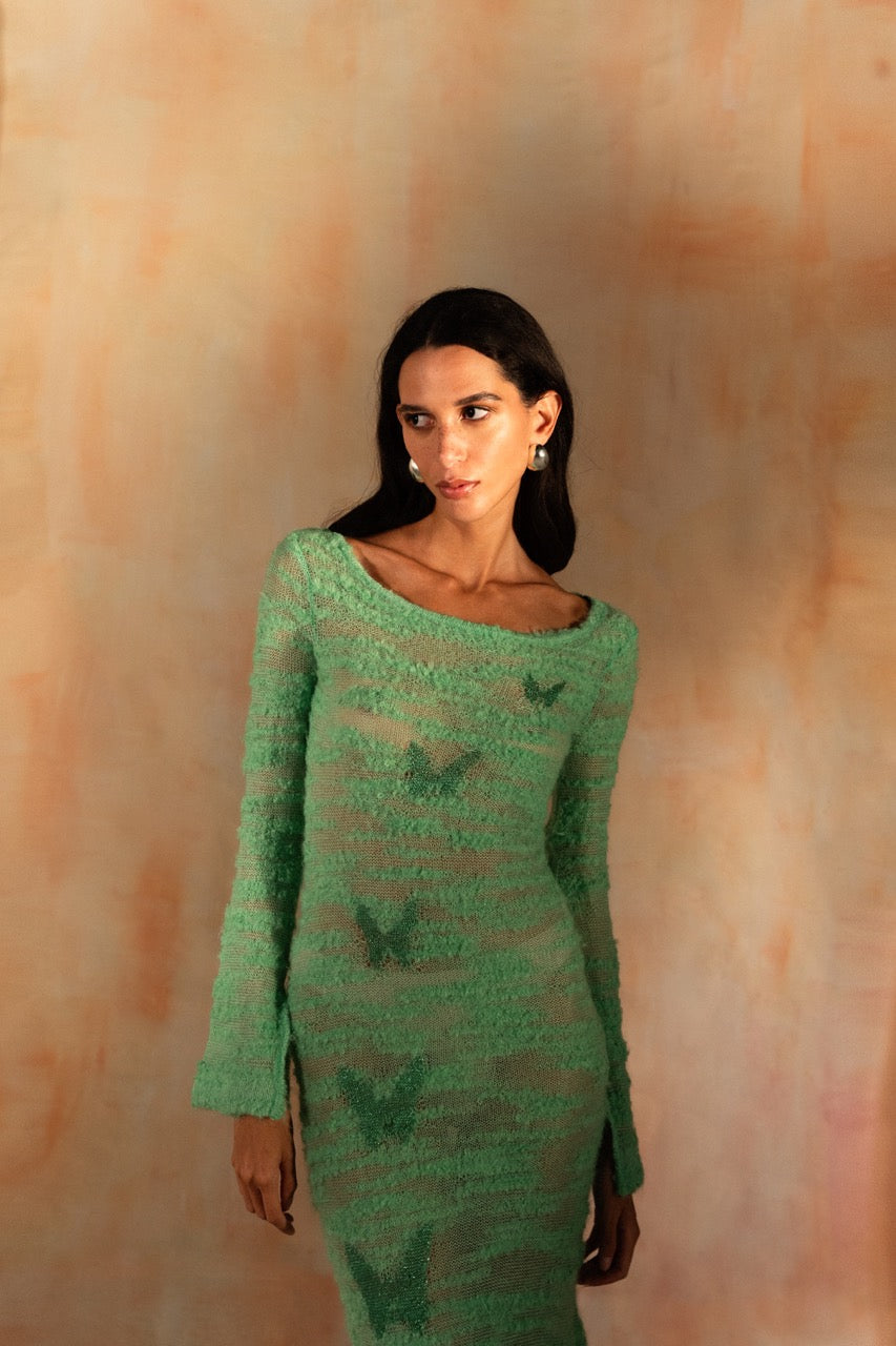 MIAOYAN25 Spring and Summer Green Knitted Mohair Butterfly Jacquard Dress