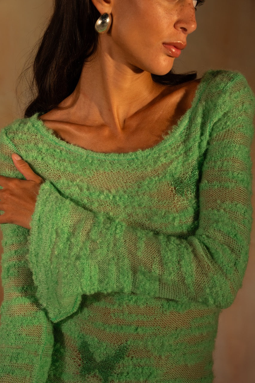 MIAOYAN25 Spring and Summer Green Knitted Mohair Butterfly Jacquard Dress