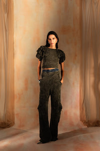 MIAOYAN25 Spring and Summer Washed Knitted Three-Dimensional Pocket Wide-Leg Pants