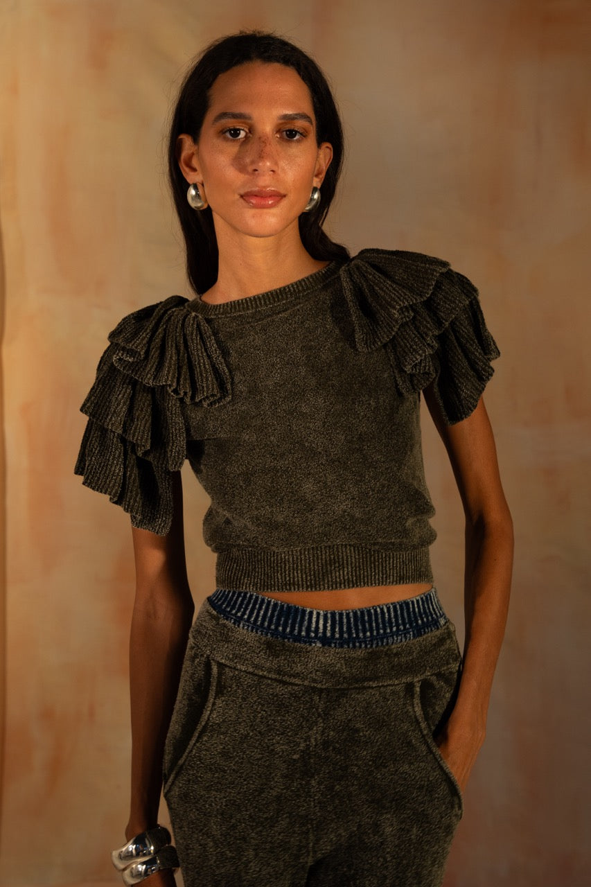 MIAOYAN25 Spring and Summer Orange/Gray/Red Layered Sleeve Washed Knit Top
