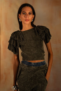 MIAOYAN25 Spring and Summer Orange/Gray/Red Layered Sleeve Washed Knit Top