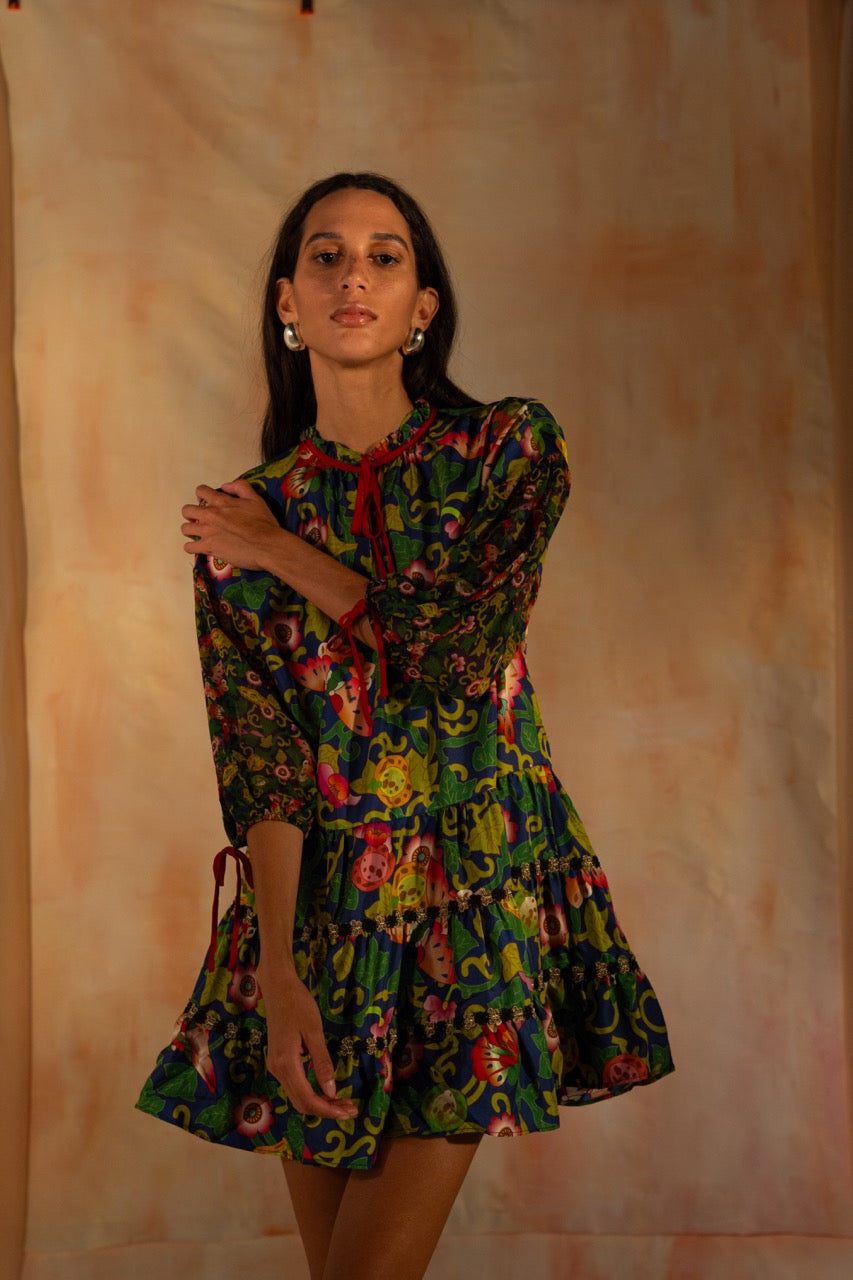 MIAOYAN25 Spring and Summer Silk Splicing Georgette Printed Water Drop Collar Lace-up Dress