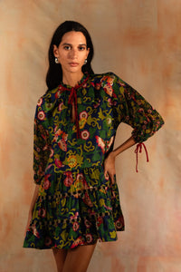 MIAOYAN25 Spring and Summer Silk Splicing Georgette Printed Water Drop Collar Lace-up Dress