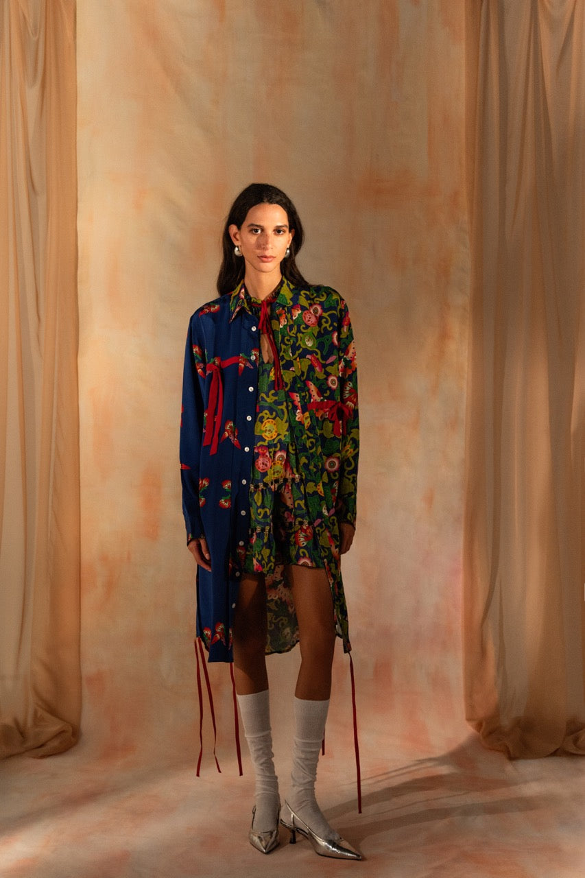MIAOYAN25 Spring and Summer Silk Printed Splicing Double Bow Lace-up Cardigan Shirt