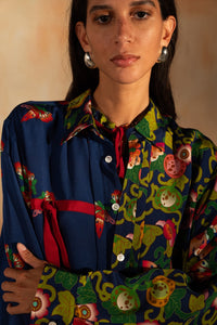 MIAOYAN25 Spring and Summer Silk Printed Splicing Double Bow Lace-up Cardigan Shirt