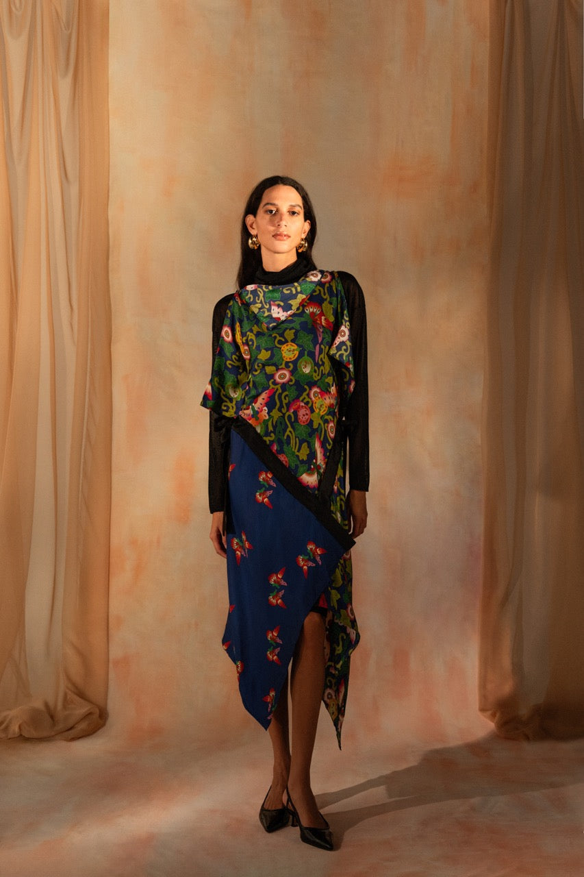 MIAOYAN25 Spring and Summer Heavy Silk Printed Deconstruction Splicing Lapel Scarf Dress