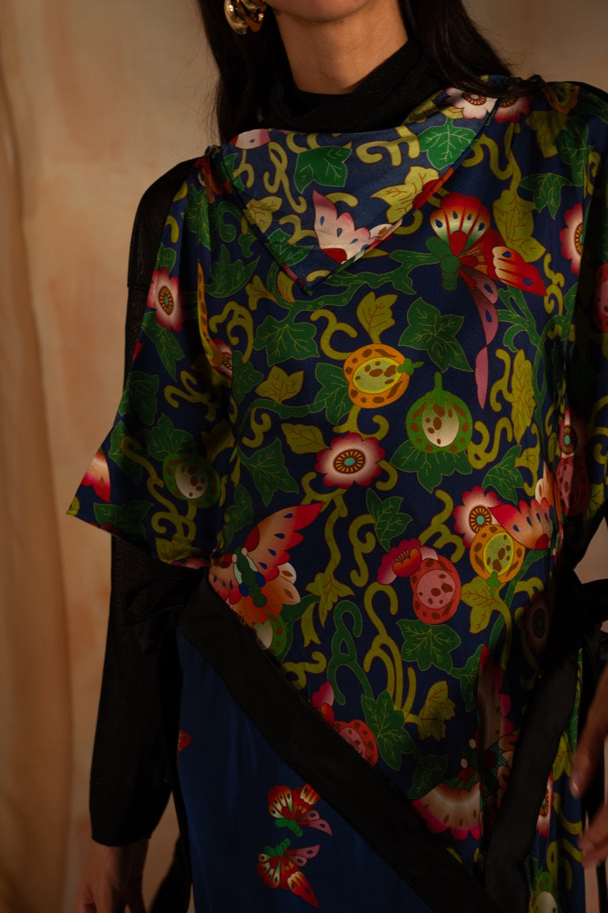 MIAOYAN25 Spring and Summer Heavy Silk Printed Deconstruction Splicing Lapel Scarf Dress