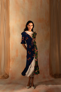 MIAOYAN25 Spring and Summer Knitted Splicing Butterfly Print Silk Round Neck Long Dress