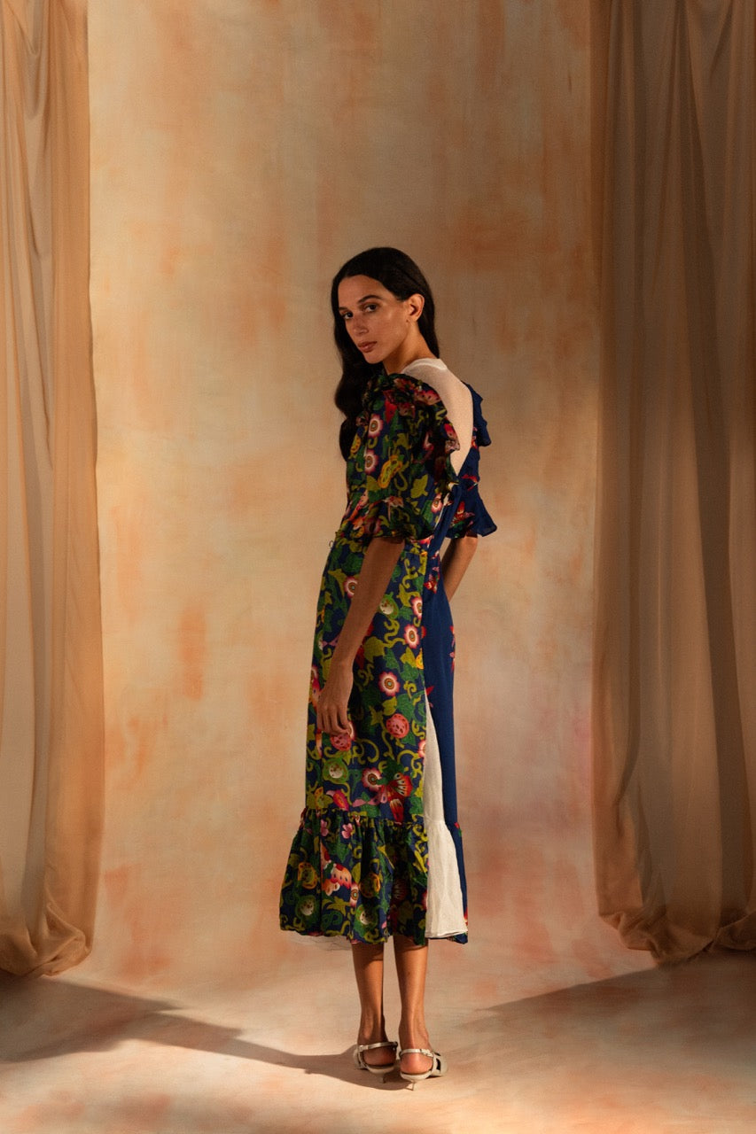 MIAOYAN25 Spring and Summer Knitted Splicing Butterfly Print Silk Round Neck Long Dress