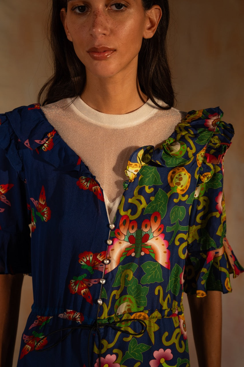 MIAOYAN25 Spring and Summer Knitted Splicing Butterfly Print Silk Round Neck Long Dress