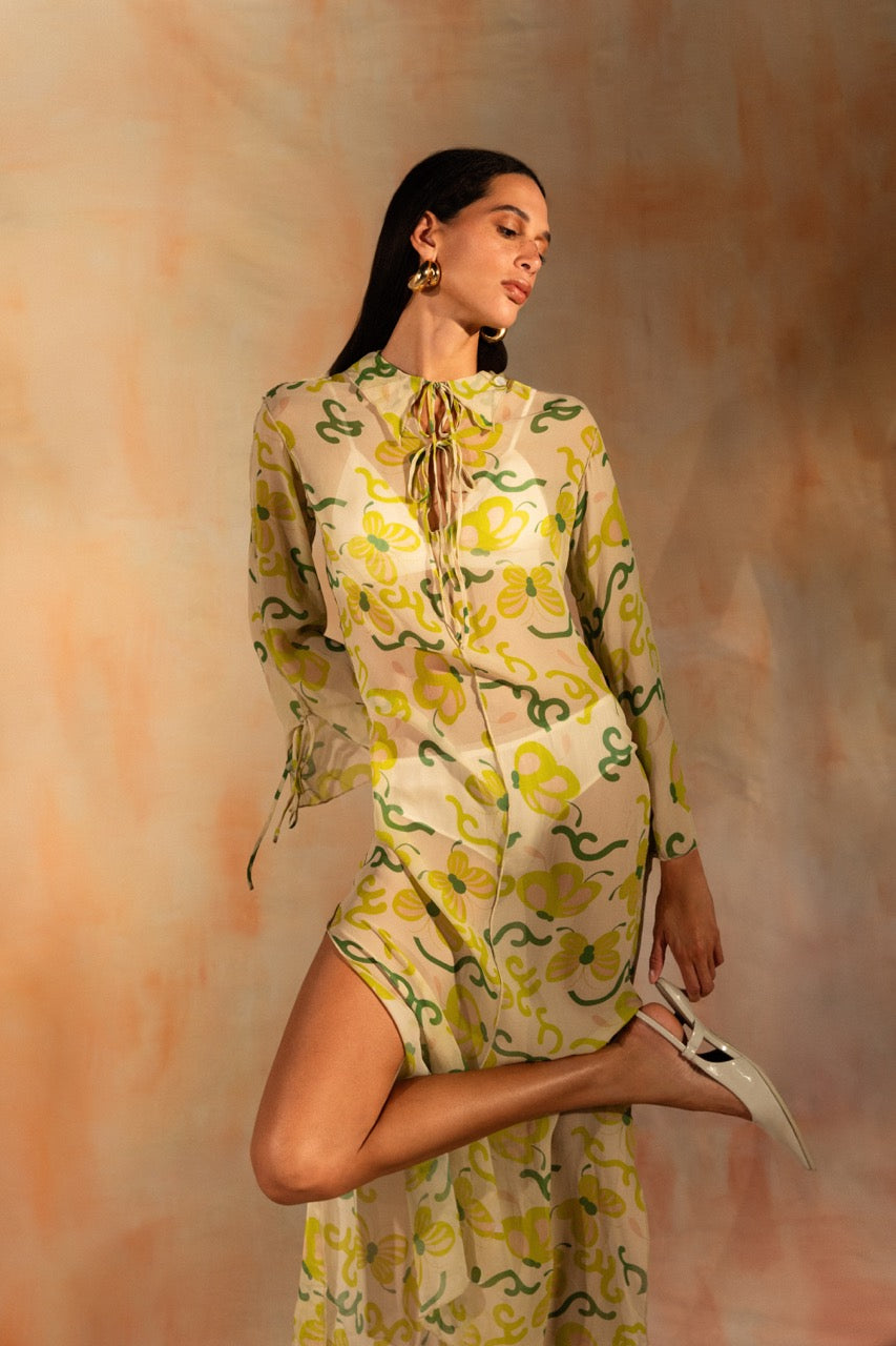 MIAOYAN25 Spring and Summer Georgette Printed Lace-Up Semi-Perspective Dress