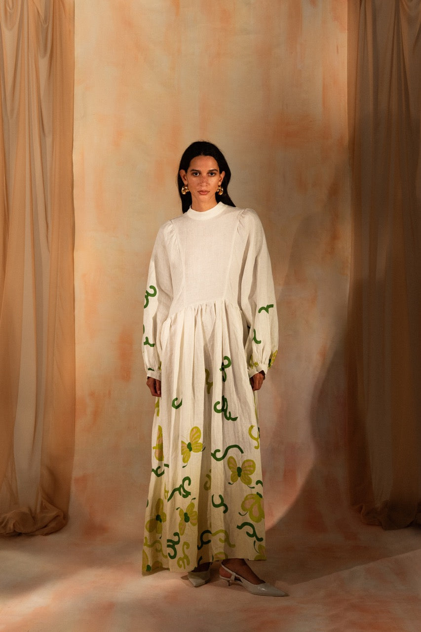MIAOYAN25 Spring and Summer Linen Vine Print Lantern Sleeve Dress