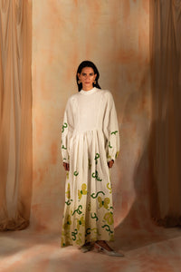 MIAOYAN25 Spring and Summer Linen Vine Print Lantern Sleeve Dress