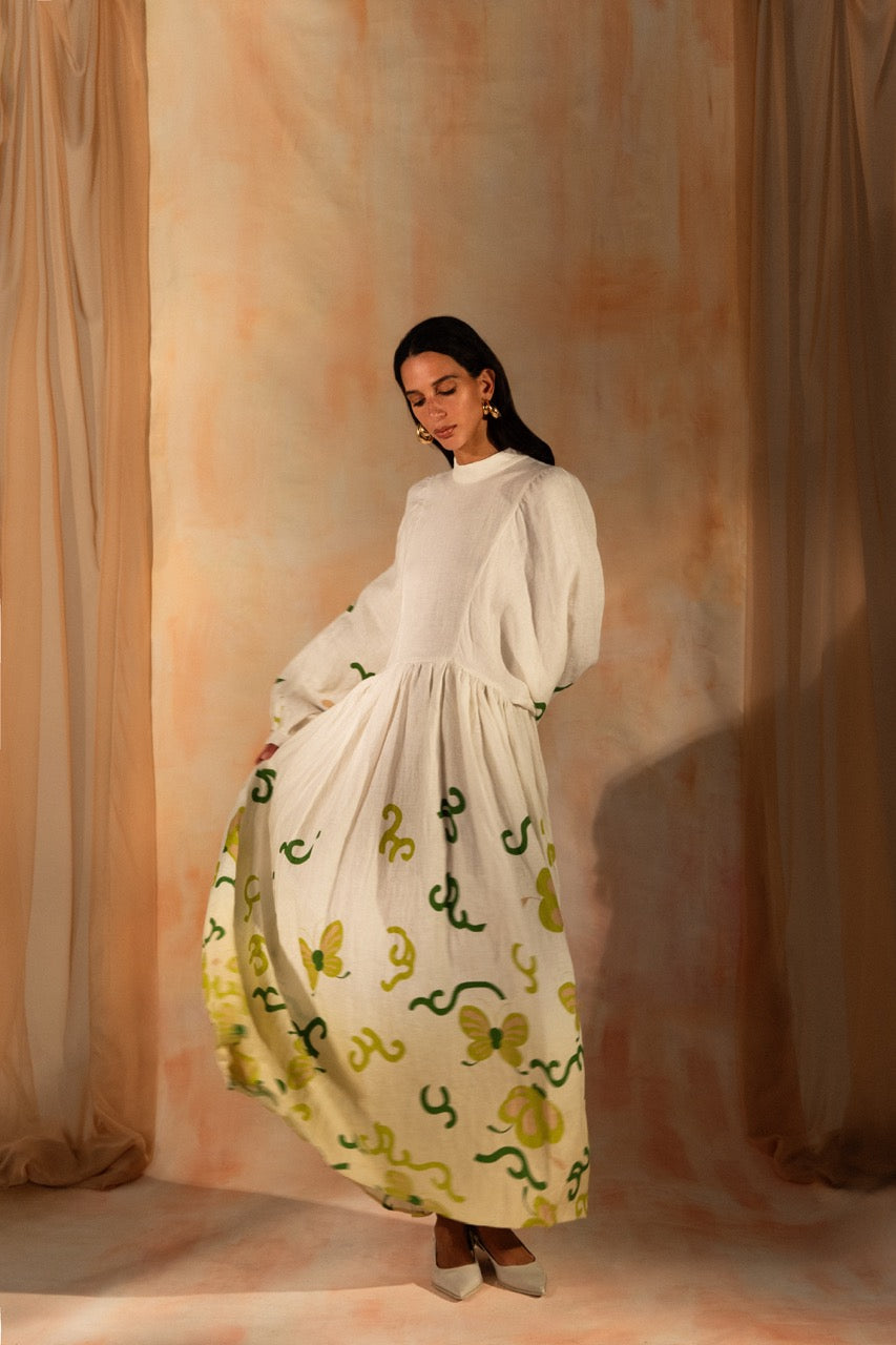 MIAOYAN25 Spring and Summer Linen Vine Print Lantern Sleeve Dress